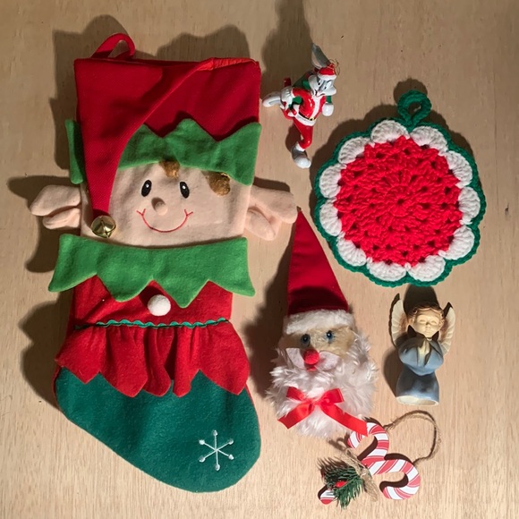 Vintage Other - 6 pc vintage Christmas decor: elf stocking, angel, candy cane, pot holder +more